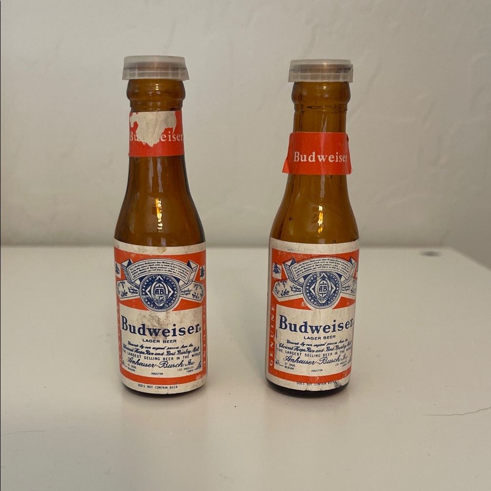 Budweiser Collectible Glass Salt & Pepper Shakers with Red and White Labels